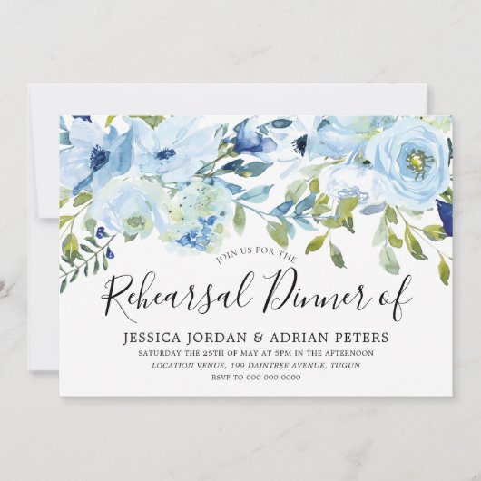 スカイブルーウォーターカラーフラワーリハーサルディナー 招待状 (正面)