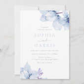 スカイブルーウォーターカラーフローラエレガントな結婚式 招待状 (正面)
