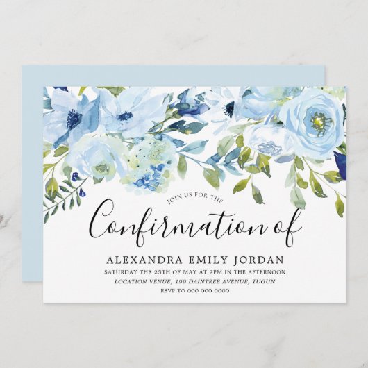 スカイブルーウォーター色フローラ確認 招待状 (正面/裏面)