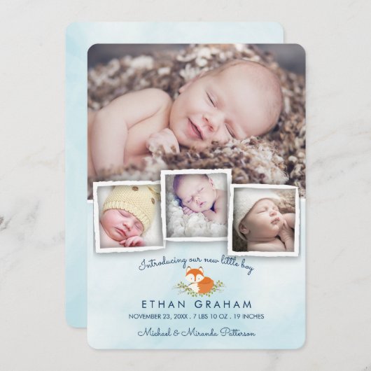 スカイブルーウッドランドキツネ男の赤ちゃん誕生発表 案内状 (正面/裏面)