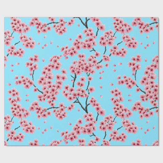 スカイブルーエレガントさくらんぼにピンク色のクリスマスが咲く ラッピングペーパー (フラット)