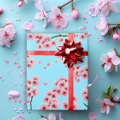 スカイブルーエレガントさくらんぼにピンク色のクリスマスが咲く ラッピングペーパー