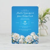 スカイブルーエレガントウォーターカラーホワイトローズ結婚ズ 招待状 (スタンド正面)