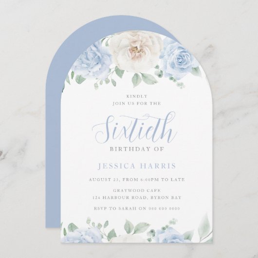 スカイブルーエレガントウォーター色60th誕生日パーティー 招待状 (正面/裏面)