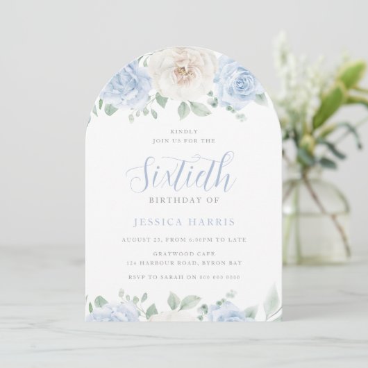 スカイブルーエレガントウォーター色60th誕生日パーティー 招待状 (スタンド正面)