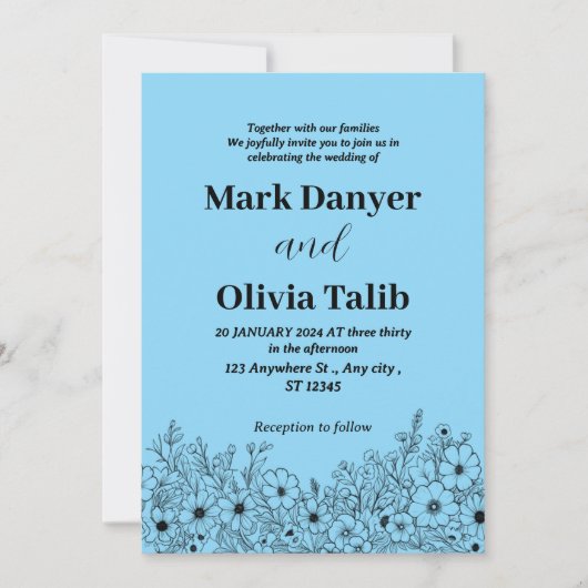 スカイブルーエレガント結婚式招待状 – ロマンチック 招待状 (正面)