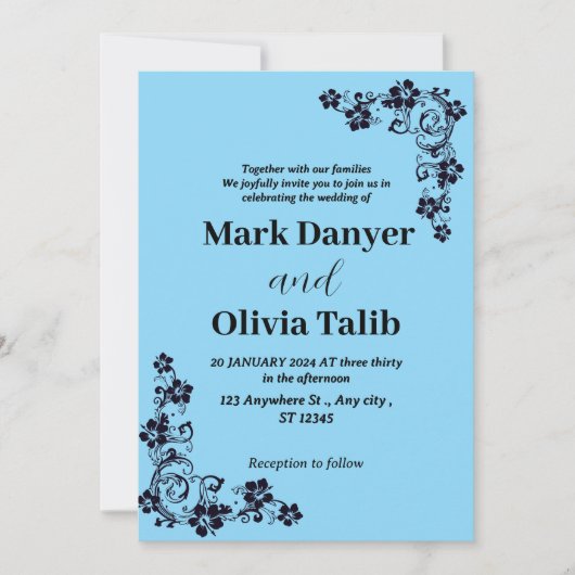 スカイブルーエレガント結婚式招待状 – ロマンチック 招待状 (正面)