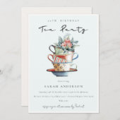 スカイブルーカップ任意の年齢誕生日ティーパーティー招待状 サンキューカード (正面/裏面)