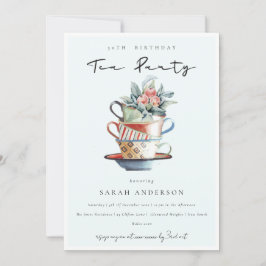 スカイブルーカップ任意の年齢誕生日ティーパーティー招待状 サンキューカード