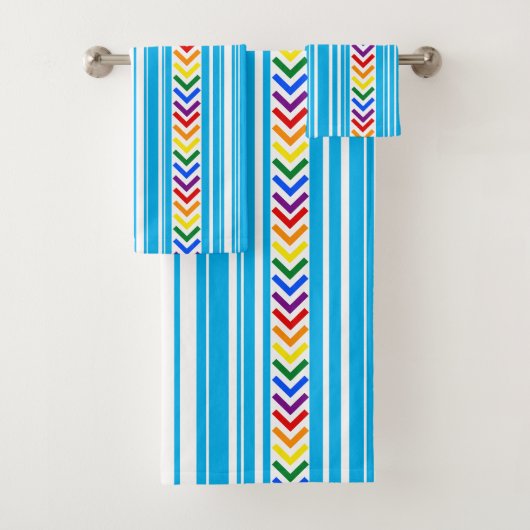 スカイブルーカラフルホワイトストライプとレインボーパターン バスタオルセット (インサイチュ)