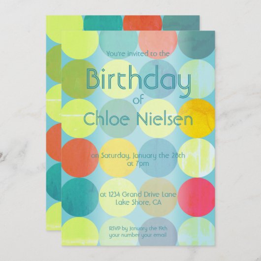 スカイブルーカラフル&サークル誕生日招待状 招待状 (正面/裏面)