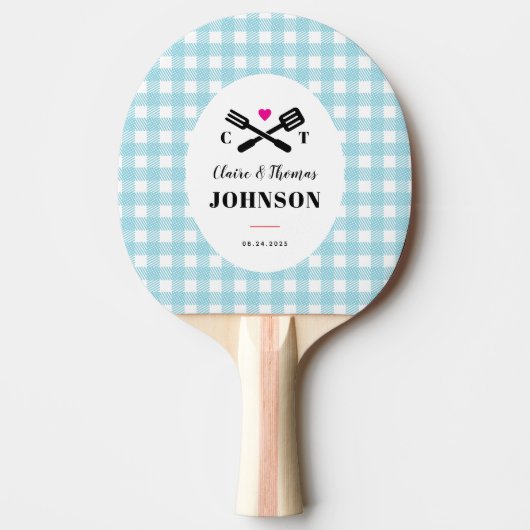 スカイブルーギンガムプレイドグリルモノグラム結婚ズ 卓球ラケット (正面)