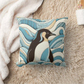 スカイブルークリーム海波とかわいいペンギン クッション (ブランケット)
