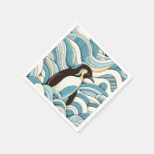 スカイブルークリーム海波とかわいいペンギン スタンダードカクテルナプキン (角)