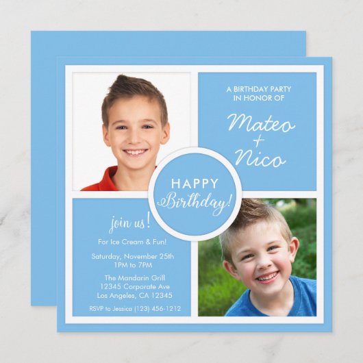 スカイブルースクウェア誕生日パーティー写真 招待状 (正面/裏面)