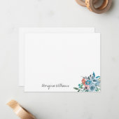 スカイブルースタイリッシュピーチモダンコーラルフローラスクリプト ノートカード (正面/裏面インサイチュ)