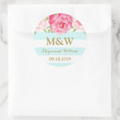 スカイブルーストライプフローラモノグラム結婚式の引き出物ラベル ラウンドシール (バッグ)