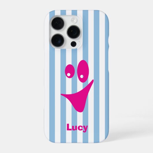 スカイブルーストライプホットピンクの変わった笑顔 iPhoneケース (裏面)