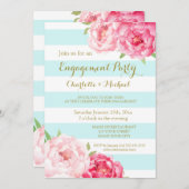 スカイブルーストライプ婚約パーティピンク招待状 招待状 (正面/裏面)