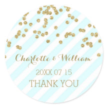 スカイブルーストライプ金ゴールド紙吹雪結婚式の引き出物ラベル