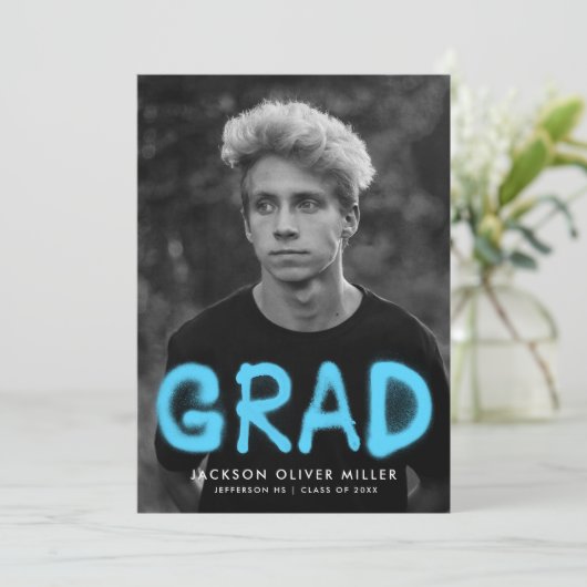 スカイブルースプレー絵を描タイポグラフィ写真卒業 案内状 (スタンド正面)