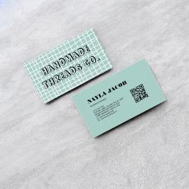 スカイブルーチェックパターンQRコード手作り衣類 名刺