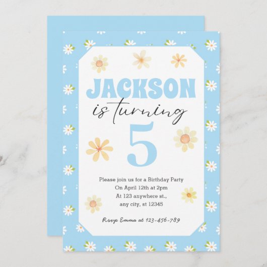 スカイブルーデイジー誕生日パーティーの招待状Any Age 招待状 (正面/裏面)