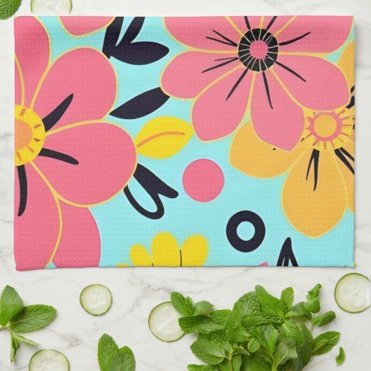 スカイブルードーパミンスタイルのピンク&イエロー キッチンタオル (折り畳み)