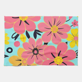 スカイブルードーパミンスタイルのピンク&イエロー キッチンタオル