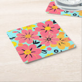スカイブルードーパミンスタイルのピンク&イエロー スクエアペーパーコースター (アングル)