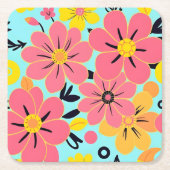 スカイブルードーパミンスタイルのピンク&イエロー スクエアペーパーコースター (正面)