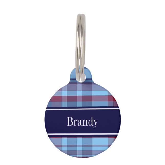 スカイブルーネイビーブルグンディ名門私立校風のマドラスNモノグラム ペット　ネームタグ (正面)