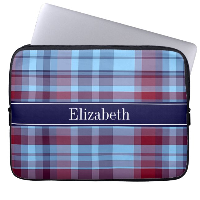 スカイブルーネイビーブルグンディ名門私立校風のマドラスNモノグラム ラップトップスリーブ (正面)