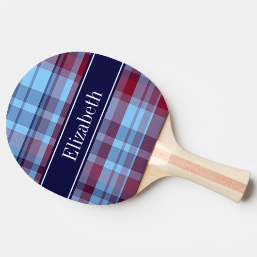 スカイブルーネイビーブルグンディ名門私立校風のマドラスNモノグラム 卓球ラケット (横)