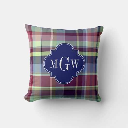 スカイブルーネイビーブルゴーニュWhtマドラスモノグラム クッション (正面)