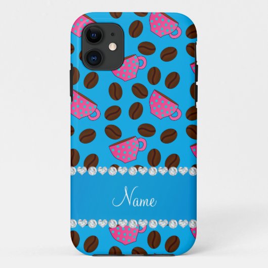 スカイブルーパーソナライズされたピンクコーヒーカップ豆の名前 Case-Mate iPhoneケース (裏面)