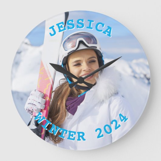 スカイブルーパーソナライズされた文字ファミリーの写真 ラージ壁時計 (正面)