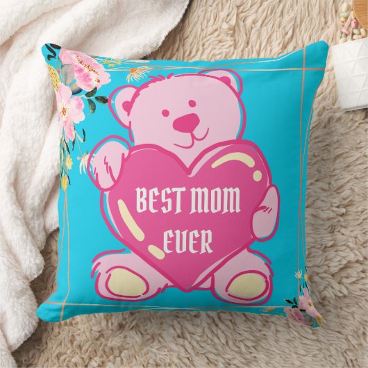 スカイブルーピンクかわいいテディベアハートフローラデザイン クッション (ブランケット)