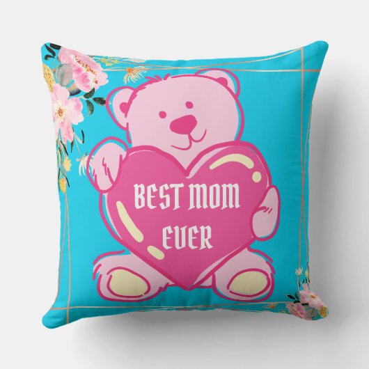 スカイブルーピンクかわいいテディベアハートフローラデザイン クッション (裏面)