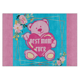 スカイブルーピンクシックテディベアハートフローラデザイン カッティングボード