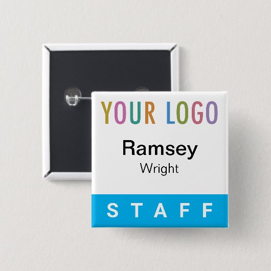 スカイブルーピンバックスタッフバッジ（ロゴ付き四角い名前） 缶バッジ (正面&裏面)