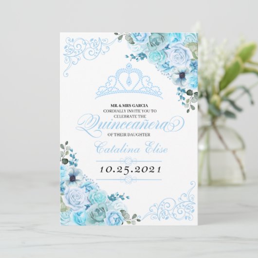 スカイブルーフローラキンセアニェラ誕生日招待状 招待状 (スタンド正面)