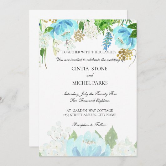 スカイブルーフローラ水彩結婚式招待状 招待状 (正面/裏面)