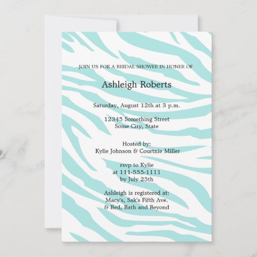 スカイブルーホワイトゼブラアニマルブライダルシャワー 招待状 (正面)