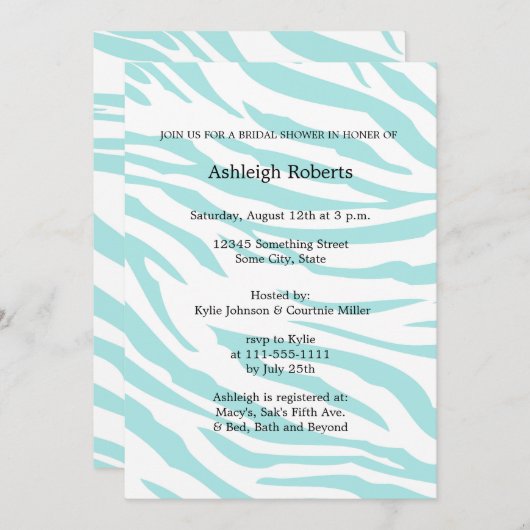 スカイブルーホワイトゼブラアニマルブライダルシャワー 招待状 (正面/裏面)
