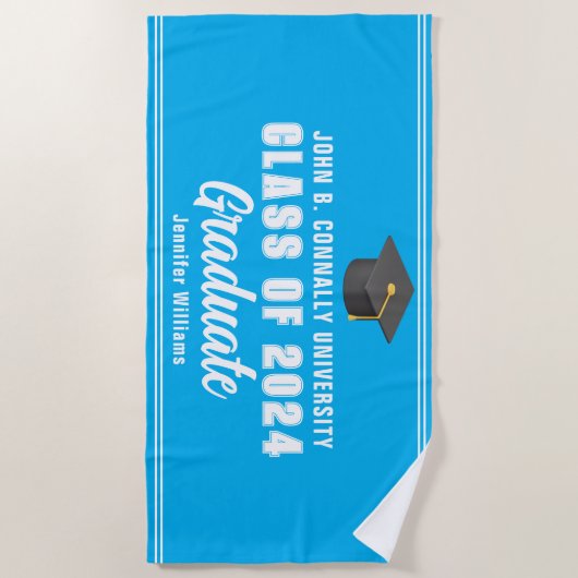スカイブルーホワイト卒業生2024年卒業記念テープ ビーチタオル (正面)