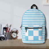 スカイブルーホワイト市松模様にヴィンテージとストライプの プリントバックパック