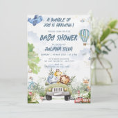 スカイブルーモダンホワイトテディベアフローラデザイン 招待状 (スタンド正面)