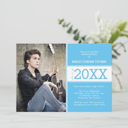 スカイブルーモダン写真の卒業発表 案内状 (スタンド正面)