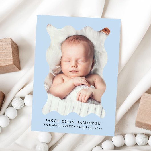 スカイブルーモダン波形フレーム2フォト誕生 案内状